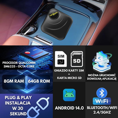 Carsync BOX – System Android 14.0 + GPS + slot na kartę SIM i kartę SD + bezprzewodowe CarPlay/Android Auto