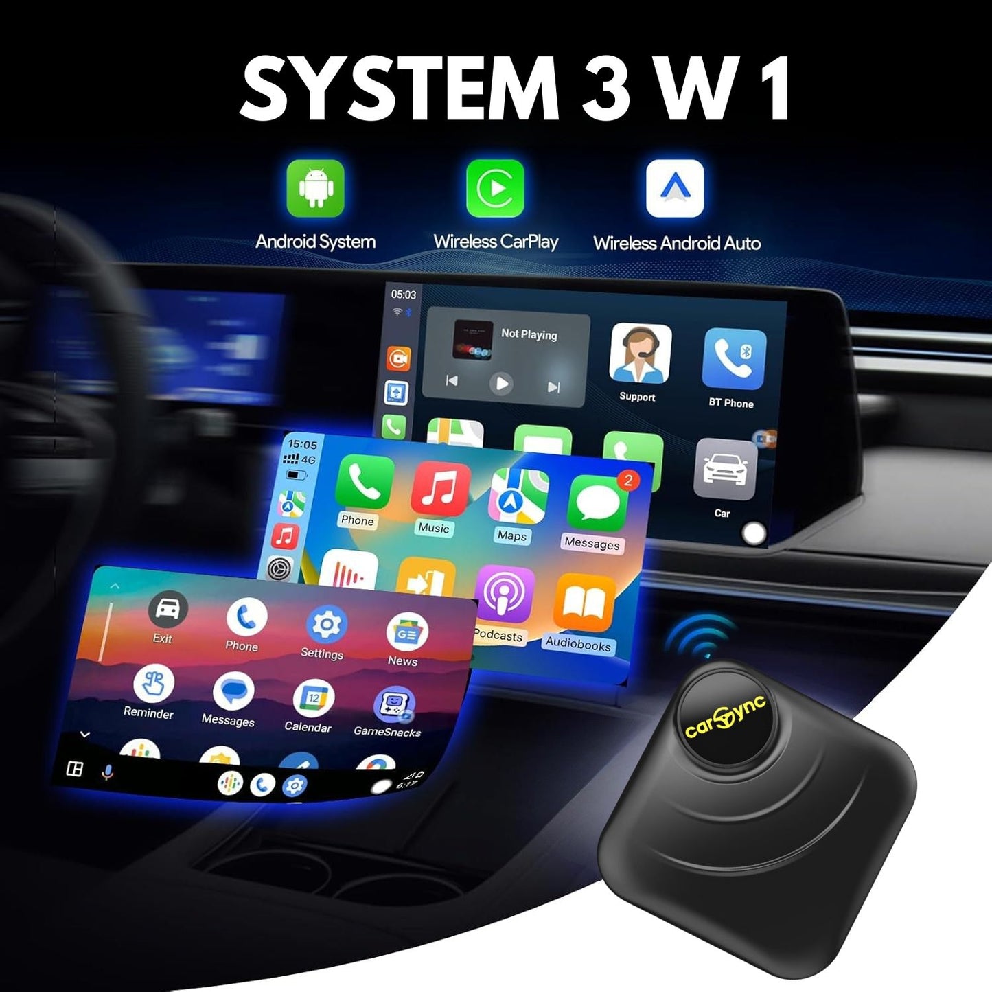 Carsync BOX – System Android 14.0 + GPS + slot na kartę SIM i kartę SD + bezprzewodowe CarPlay/Android Auto